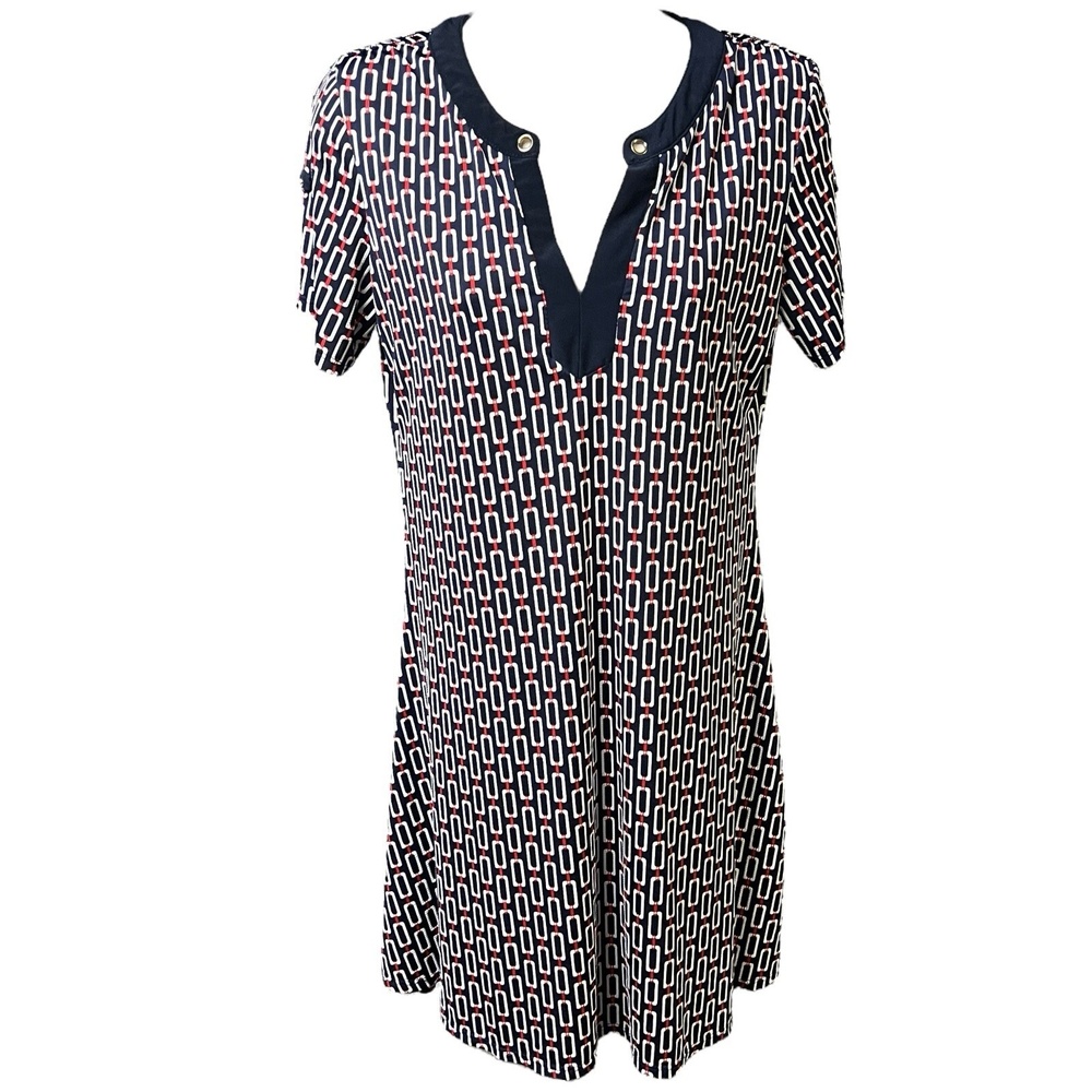 Perseption Shift Dress Petite PS Navy Red White Geometric Chain Link V-Neck‎